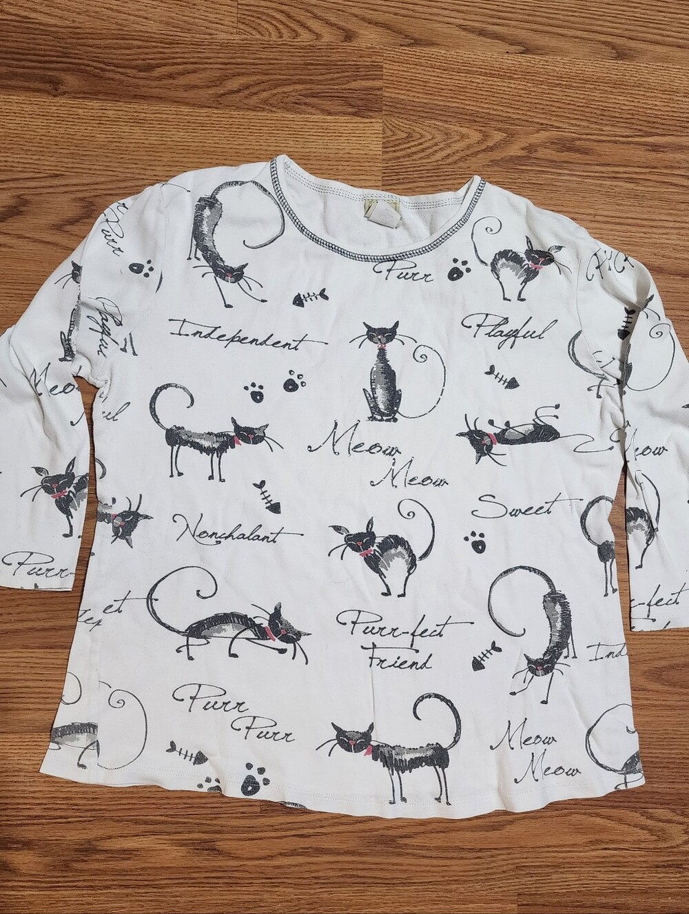 Vtg Jess & Jane Cat Doodle Top Womens M 3/4 Sleeve Rhinestone Cotton USA Meow